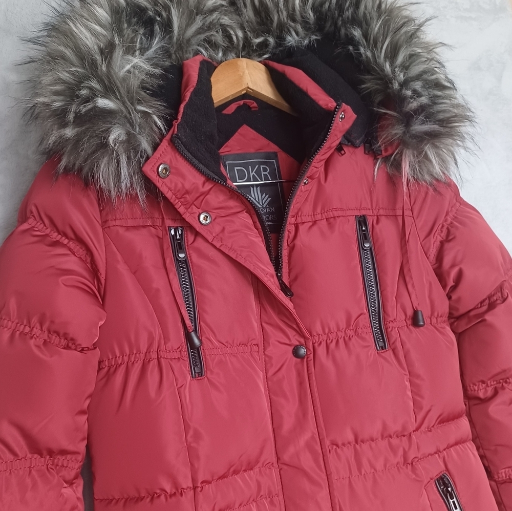Canadian Outdoors Womens Red Small Parka Long Puffer Coat Faux Fur Hood Jacket - Picture 5 of 15